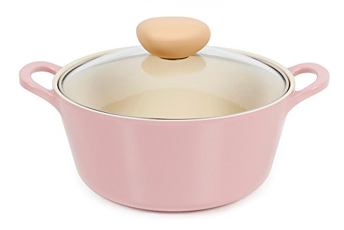 Neoflam Suppentopf im Retro-Stil, 3 l, antihaftbeschichtet, mit integriertem Dampföffnungs-Glasdeckel, Silikon-Griff inklusive, Saute-Topf, Kasserolle, Dutch Oven, 3-QT W, Pink von Neoflam