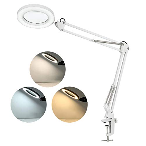 Neoglint Flexibel Lupe mit Licht Ständer Schreibtischlampe Led Dimmbar 8-facher Lupe Schwenkarm LEDs 3 Farbmodi und 10 Helligkeitsstufen Lupenleuchte Kosmetiklampe (größer, weiß) von Neoglint