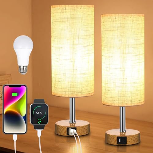 Neoglint Nachttischlampe 2er Set,3000K Warmweiß, USB A + C-anschluss, Nachttischlampe Touch Dimmbar,lampenschirm Aus Leinen,E27-glühbirne,geeignet Für Schlafzimmer Und Wohnzimmer von Neoglint