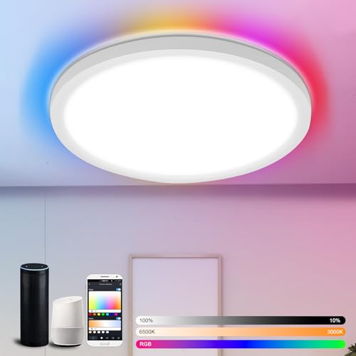 Neoglint Smart Deckenlampe, 24W RGB Farbwechsel Deckenleuchte, 3000K-6500K Dimmbare Deckenleuchte mit Memory-Funktion, 2400LM, Kompatibel mit Alexa App,für Schlafzimmer Wohnzimmer Küche Kinderzimmer von Neoglint