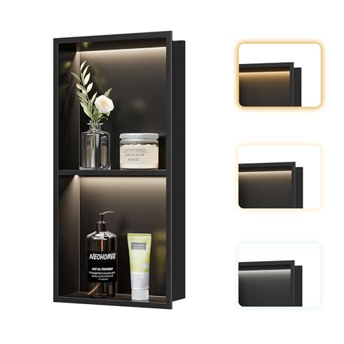Neohomee Wandnische Dusche Edelstahl mit LED-Licht, Eingebettete Duschnische mit Regal 60x30cm mit Farbtemperaturregler für Badezimmer Aufbewahrung und Dekoration, Schwarz Neohomee Wandnische Dusche Edelstahl mit LED-Licht, Eingebettete Duschnische mit Regal 60x30cm mit Farbtemperaturregler für Badezimmer Aufbewahrung und Dekoration, Schwarz von Neohomee