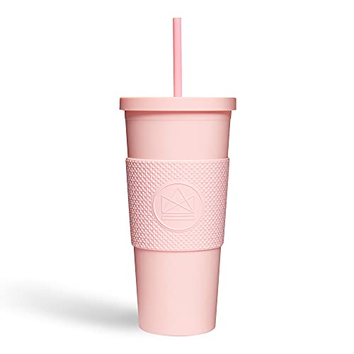 Neon Kactus Pink Flamingo Thermo Becher mit Strohhalm und Deckel, Lebensmittelechte Silikonhülle, Doppelwandig, Auslaufsicher, Matt-Pastellfarbe, Mehrweg Acryl-Becher, gestaltbares DIY-Geschenk, 650ml von Neon Kactus