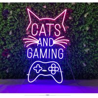 Katzen Und Gaming Leuchtreklame, Led-Neonlichtschild, Personalisiertes Geschenk, Kindergeschenk, Geburtstagsgeschenk, Gamerdekor, Geschenk Für Ihn von NeonSignMaker