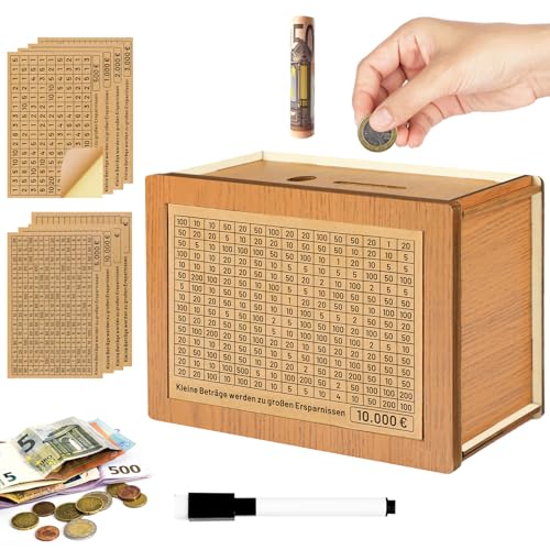 Nepfaivy Spardose mit Zähler Ankreuzen aus Holz - Wiederverwendbare Sparbox mit Zahlen aus €500-€10000 Sparzielen, Goalsaver Box | Geldsparbox | Retro Sparbüchse für Kinder Erwachsene von Nepfaivy