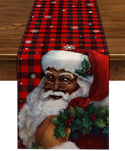 Nepnuser African American Christmas Buffalo Plaid Table Runner Black Santa Claus Christmas Decoration Indoor Winter Holiday Xmas Home Kitchen Decor (33 x 182,9 cm, Table Runner) von Nepnuser