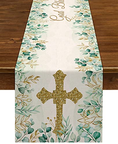 Nepnuser God Bless Tischläufer Erstkommunion Taufe Party Dekorationen Grün und Gold Küche Heimdekoration (33 x 182,9 cm) von Nepnuser