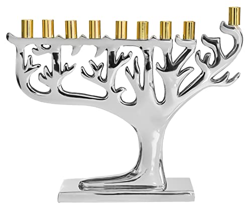 Baum des Lebens Hanukkah Menora – passend für alle gängigen Chanukah-Kerzen – moderne Chrom-Kerzenmenorah für Chanukah – Silber mit goldenen Spitzen – Ner Mitzvah von Ner Mitzvah