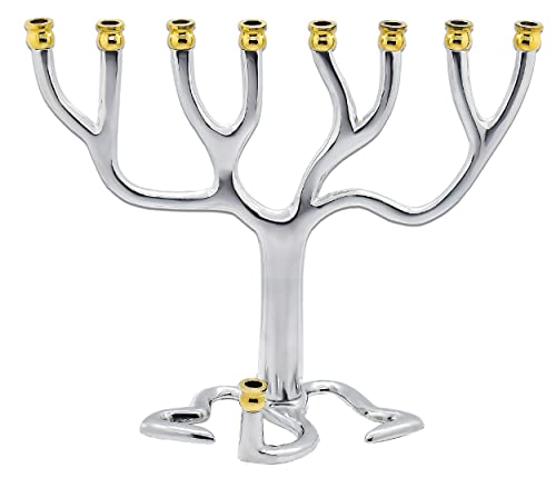 Baum des Lebens Hanukkah Menora – passend für alle gängigen Chanukah-Kerzen – moderne Chrom-Kerzenmenorah für Chanukah – Silber mit goldenen Spitzen – Ner Mitzvah von Ner Mitzvah