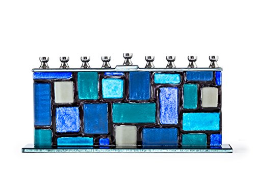 Chanukka Menora aus Glas - Blau und Weiß Menorah Hanukkah - Western Wall/Kotel - Passend Für Alle Standard Chanukka Kerzen - Handgefertigte Menorah aus Bemaltem Glas von Ner Mitzvah