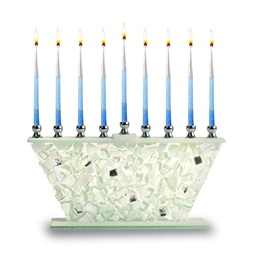 Chanukka Menora aus Glas - Weiß Menorah Hanukkah - Zerbrochenes Glas - Passend Für Alle Standard Chanukka Kerzen - Handgefertigte Menorah aus Bemaltem Glas von Ner Mitzvah