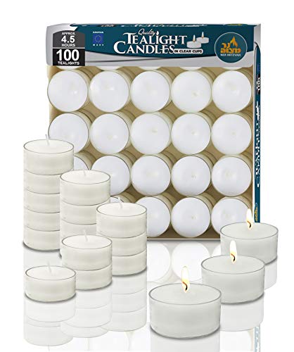 Ner Mitzvah Teelichter - Kerzen Großpackung mit 100 Stück - Weiße Unparfümierte Teelicht-Kerzen in Durchsichtigem Behälter - Teelichter Lange Brenndauer 4.5 Stunden von Ner Mitzvah