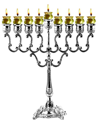 Ner Mitzvah Überzogenes Öl Menorah für Standard Chanukah Öl Cups und Kerzen Ölzweige 14” High-Silber von Ner Mitzvah