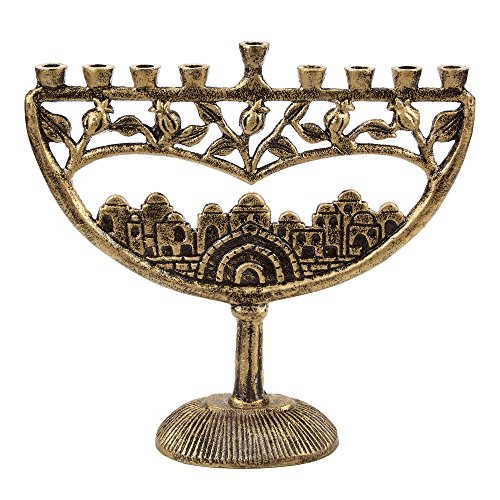 Ner Mitzvah Vintage-Aluminium-Kerze Menorah Passend für All Chanukka Kerzen Alten Jerusalem Design mit antiker Finish Gold von Ner Mitzvah