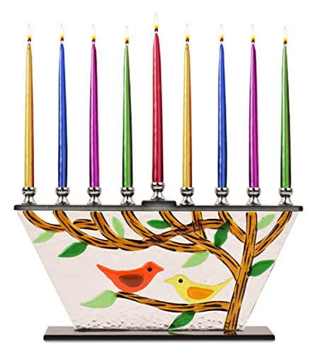 Tree of Life Chanukka Menora aus Glas - Baum des Lebens, Vögel Menorah Hanukkah - Passend Für Alle Standard Chanukka Kerzen - Handgefertigte Menorah aus Bemaltem Glas von Ner Mitzvah