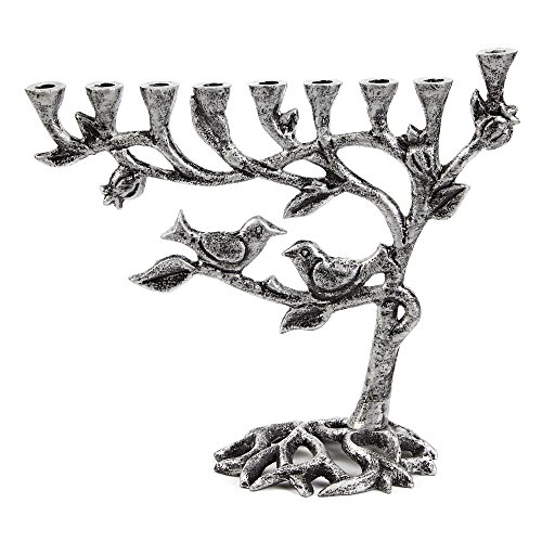 Tree of Life Vintage Chanukka Menora - Passend Für Alle Standard Chanukka Kerzen - Menorah Hanukkah - Baum des Lebens - Antikes Silber - 20 cm Hoch von Ner Mitzvah