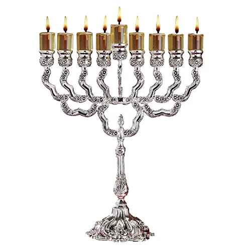 Versilberte Chanukka Menora für Öl - Passend für Standard Chanukka Ölbecher und Große Kerzen - 30 cm Hoch - Olivenzweige von Ner Mitzvah