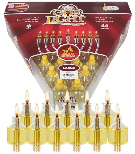 Vorgefüllte Chanukkah-Menora-Ölbecher – Olivenöl-Menorahbecher mit Docht gebrauchsfertig – 44 Stück Ohrlichter – große Brenndauer ca. 3 Stunden von Ner Mitzvah