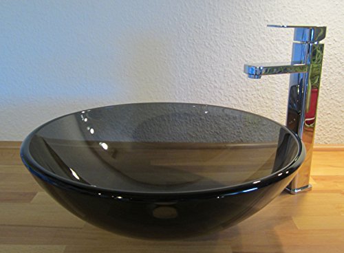 Nero Aufsatz Glas Waschbecken grau 42cm Waschschale rund von Nero