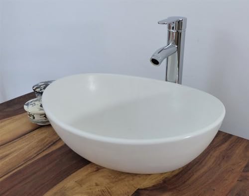 Nero Betonwaschbecken Design oval weiß 41 x 34cm Beton Aufsatz Waschbecken Waschschale Bad WC Waschtisch von Nero