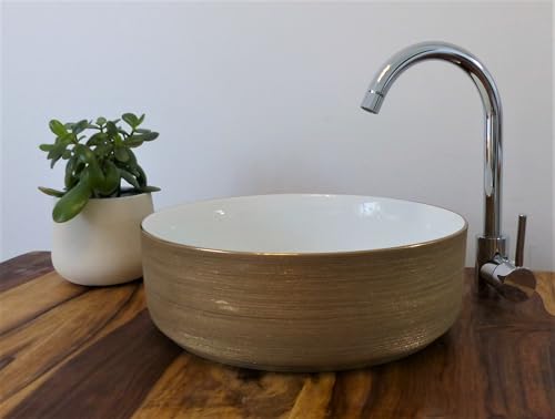 Nero Design Keramik Aufsatz Waschbecken rund 36cm Aufsatzwaschbecken Waschschale Bad WC Waschtisch weiß Kupfer gebürstet von Nero
