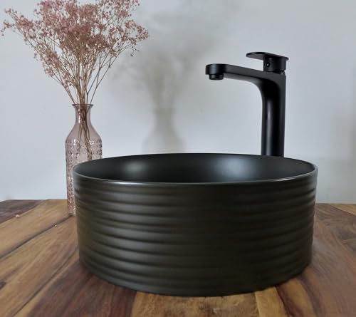 Nero Retro Struktur Streifen Keramik Aufsatz Waschbecken rund 36cm Vintage Design Aufsatzwaschbecken Waschschale Bad WC Waschtisch schwarz matt von Nero