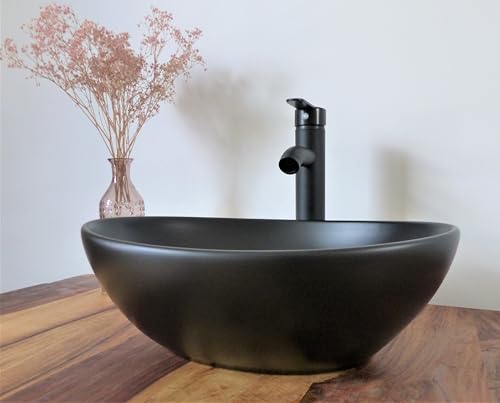 Nero Waschtisch Set Komplettset Keramik Aufsatz Waschbecken oval 40x32cm +Ablaufgarnitur +Armatur schwarz matt von Nero