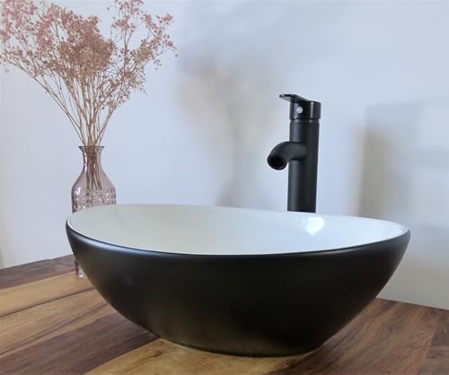Nero Waschtisch Set Komplettset Keramik Aufsatz Waschbecken schwarz weiß oval 40x32cm +Ablaufgarnitur +Armatur schwarz matt von Nero