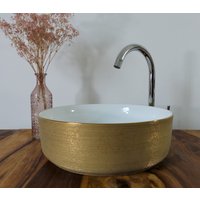 Keramik Aufsatz Waschbecken Rund Gold Gebürstete Oberfläche 36cm Design Keramikwaschbecken Auch Als Set Mit Siphon von NeroVintageDesign