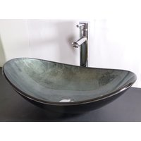 Ovales Aufsatz Glas Waschbecken Blau Grau 54x36cm Oval Glaswaschbecken Waschschale Waschtisch Bad Gäste-Wc Auch Als Set von NeroVintageDesign