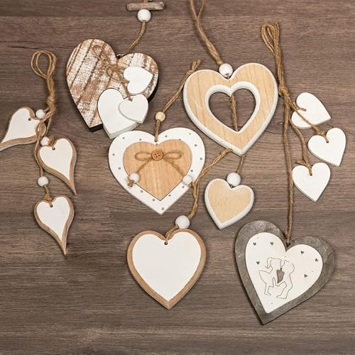 6 Stück Holzherzen zum Aufhängen Ornamente im verschiedenen Stil rustikales Holzherz Wanddekoration für DIY Hochzeit Zuhause von Neroyaner