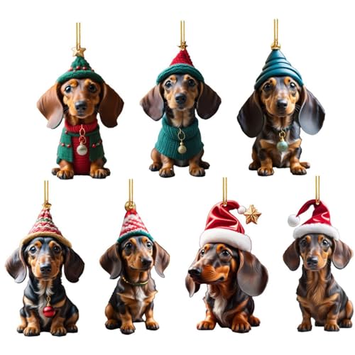 7 Stück Weihnachts-Dackel-Weihnachtsschmuck zum Aufhängen 2D 8 cm Acryl-Dackel-Ornament -Dekor für Weihnachtsbaum Kranz Girlande Auto-Innenausstattung Stil 2 von Neroyaner