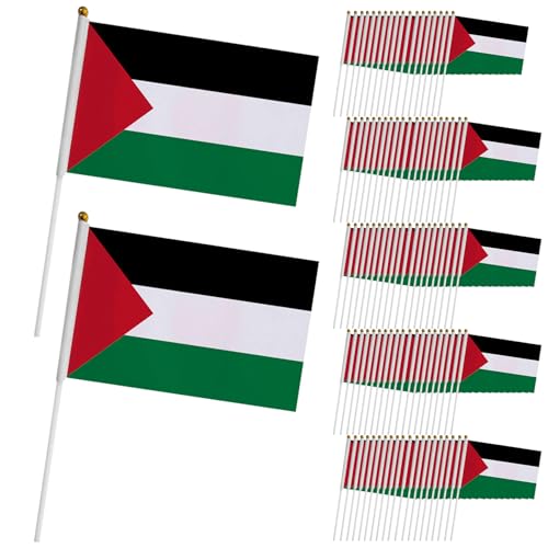 Kleine Palästina-Flagge 100 Stück Mini-Länderflaggen mit Fahnenmast aus Kunststoff 14x21 cm doppelseitige handgehaltene Palästina-Flagge auf Stäben farbecht Kleine Palästina-Flagge 100 Stück Mini-Länderflaggen mit Fahnenmast aus Kunststoff 14x21 cm doppelseitige handgehaltene Palästina-Flagge auf Stäben farbecht von Neroyaner