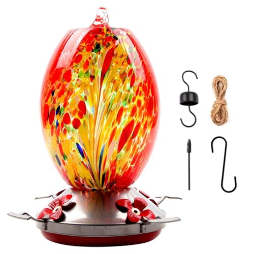 Kolibri-Futterspender bunt zum Aufhängen mit Sitzstange und 4 Blumen-Futteröffnungen ameisensicher 21 cm große Kolibri-Futterspender aus Glas und Metall für draußen Stil 1 von Neroyaner