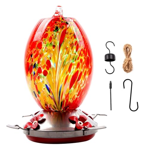 Kolibri-Futterspender für draußen bunter hängender Kolibri-Futterspender mit Sitzstange und 4 Blumen-Futteröffnungen ameisensicherer 8, 3-Zoll- aus Glas und Metall Stil 1 von Neroyaner