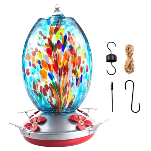 Kolibri-Futterspender für draußen bunter hängender Kolibri-Futterspender mit Sitzstange und 4 Blumen-Futteröffnungen ameisensicherer 8, 3-Zoll- aus Glas und Metall Stil 2 von Neroyaner