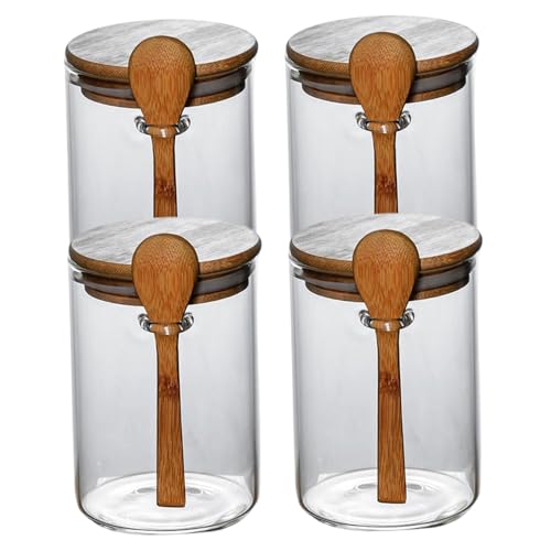 Neroyaner 4 Stück Glasbehälter mit luftdichtem Deckel 600 ml klare Glasbehälter mit Löffel wiederverwendbare Weithalsbehälter zum Würzen von Hafer Zucker Overnight Oats-Behälter mit Deckel von Neroyaner