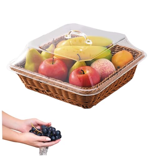 Neroyaner Brotkorb 13, 8 Zoll Rattan-Imitat Servierkorb mit transparentem Deckel runder gewebter Weidenkorb für Brot Obst Snacks von Neroyaner