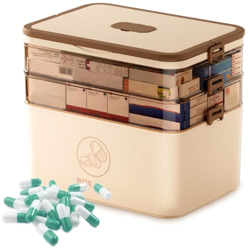 Neroyaner Medikamenten-Aufbewahrungsbox 3-stufige geräumige Erste-Hilfe-Aufbewahrungsbox mit Verschlussschnalle und Zwei Ablagen tragbarer Medikamentenbox-Organizer Medikamentenbox-Organizer von Neroyaner