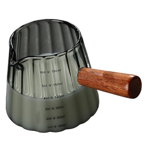 Sahnekännchen Kaffeesahnebehälter Glas V-förmiger Ausguss Doppelskala 170 ml Sahnekännchen mit Holzgriff vertikale Maserung Espressotasse transparent schwarz von Neroyaner