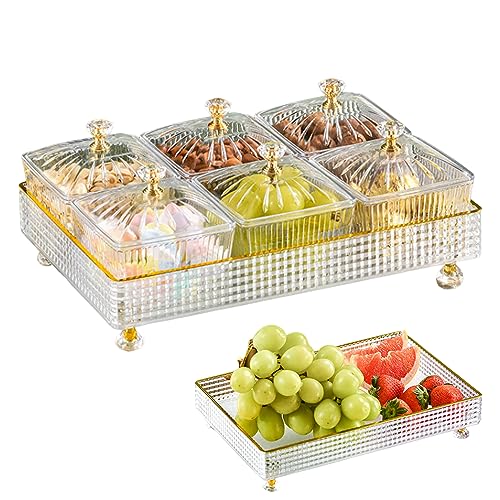 Snack -Tablett geteilte Servierschale Set transparente Obstschale mit Deckel Rechteck 6 Gitter Fruchtschüssel -Schachtel Set geteilte Nussschale Plastikdesserts Servierplatte Snack Candy Tably von Neroyaner