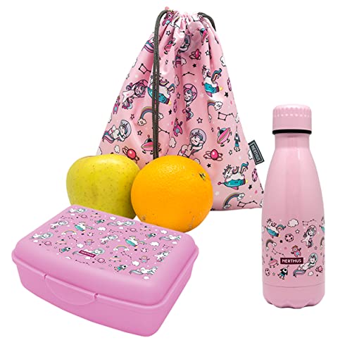 NERTHUS FIH 1023 SET Doppelwandige Flasche Edelstahl + Lunchbox + Einhornrucksack von NERTHUS