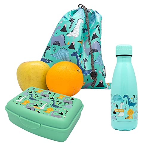 NERTHUS FIH 1034 SET Doppelwandflasche Edelstahl + Lunchbox + Dinosaurier-Rucksack von NERTHUS