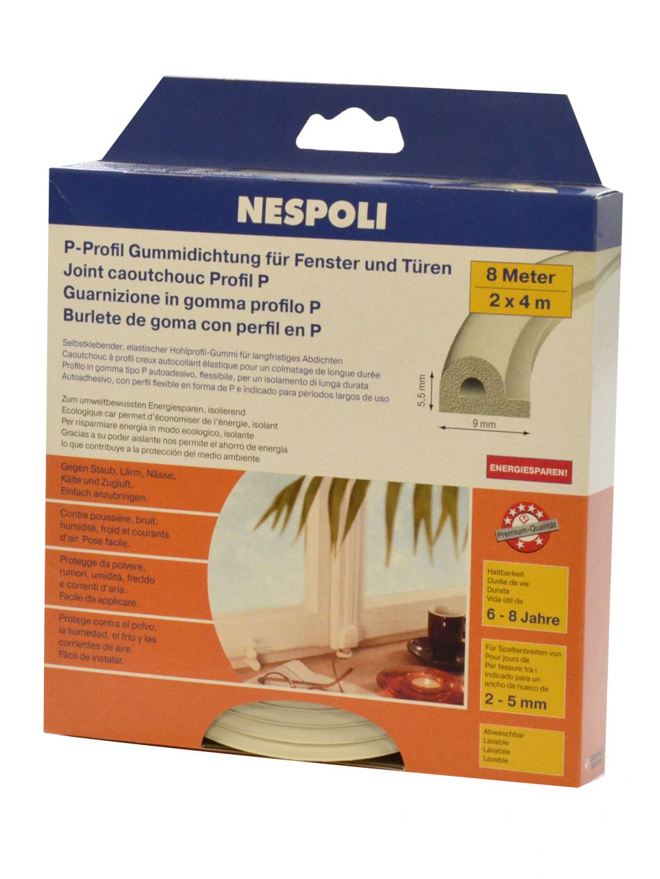 Nespoli Fenster- und Türdichtung mit P-Profil je 4 m, 9 x 5,5 mm, weiß, 2 Stück von Nespoli
