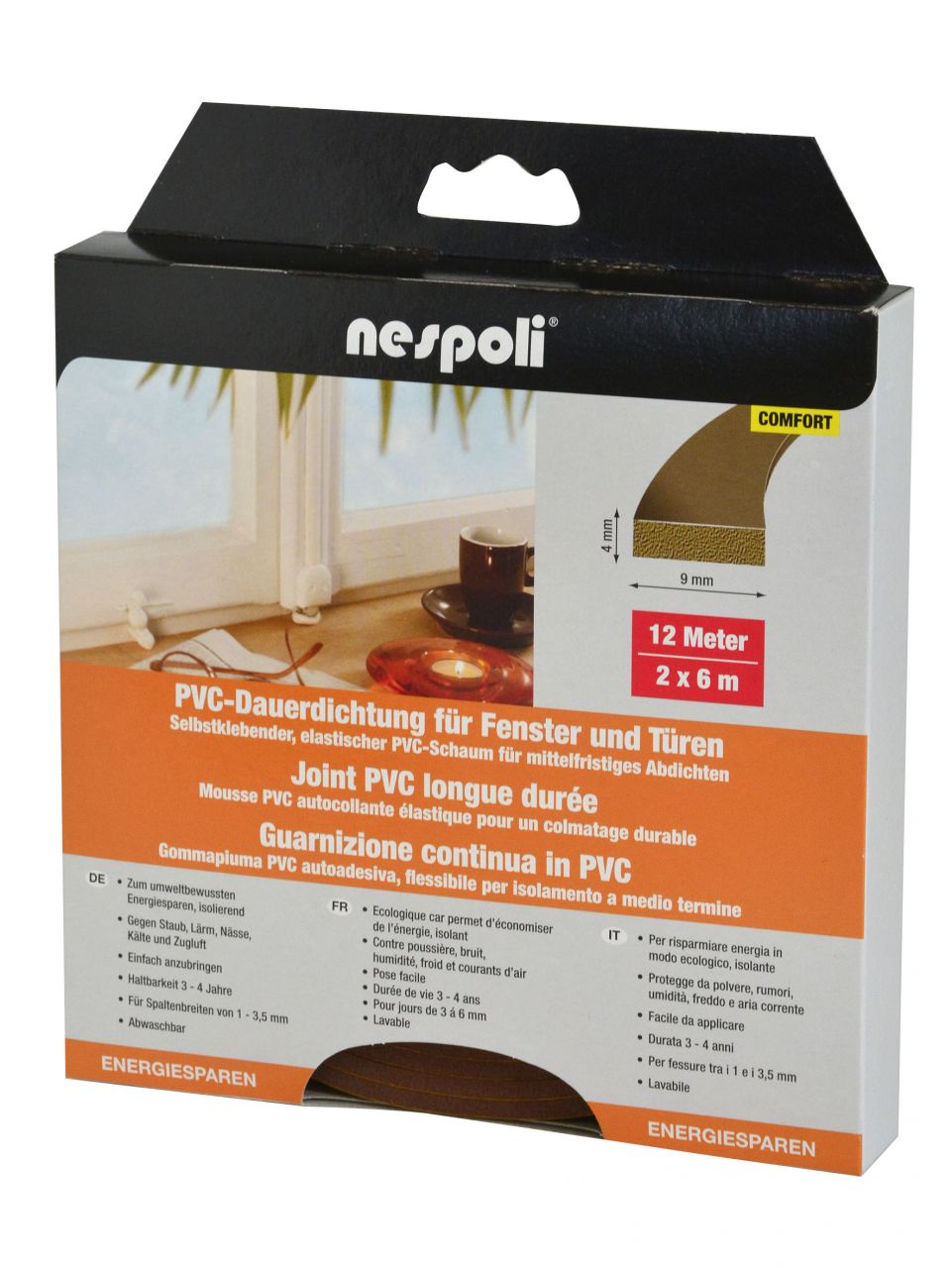 Nespoli PVC-Fenster- und Türdichtung je 6 m, 9 x 4 mm, braun, 2 Stück von Nespoli