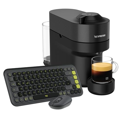 Nespresso DeLonghi ENV90.B VERTUO POP Kaffeekapselmaschine Liquorice Black + Logitech POP ICON KEYS + Logitech POP Mouse von Nespresso