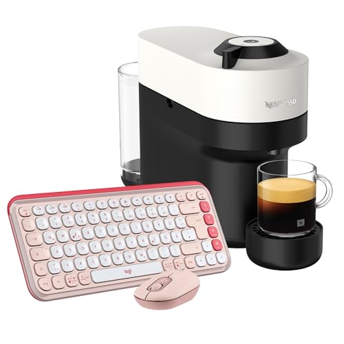 Nespresso Krups XN9201 Vertuo Pop Kaffeekapselmaschine Coconut White + Logitech POP ICON COMBO, Bluetooth-Tastatur-Maus-Set,Deutsches QWERTZ-Layout - Rosa von Nespresso