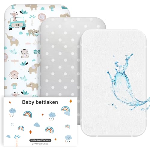 NesriToy 2 X Spannbettlaken, 1X Bettlaken Kinderbett Wasserdicht für Babybett & Kinderbett- 3er Pack (Elefant + weiße Punkte, 60 x120cm) von NesriToy