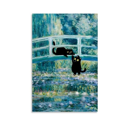 Nestemfo Katzen-Poster mit Seerosen-Teich auf Leinwand, Kunst, Gemälde, Büro, Zuhause, Wanddekoration, 50 x 75 cm von Nestemfo