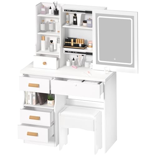 Schminktisch mit Schiebespiegel und LED-Lichtern | weißer Schminktisch mit Hocker, 5 Schubladen, Schrank, Regale und offene Fächer | Schminktisch mit Aufbewahrung für Schlafzimmer von Nestivora