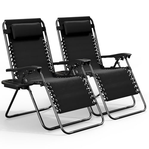 Nestl Zero Gravity Stühle 2er-Set, Terrassen-Lounge-Stuhl für den Außenbereich, mit Kissen & Getränkehalter-Tabletts, Verstellbarer Stahlgeflecht, Campingstuhl, klappbarer Terrassen-Rasenstuhl für von Nestl